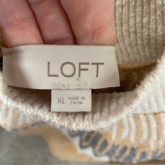Loft Fair Isle Mock Neck Sweater Women's XL Brown Tan Gray Cream Cozy Winter - Picture 6 of 8